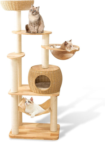 59-Inch Modern Cat Tree Tower for Large Indoor Cats, Handwoven Basket Condo