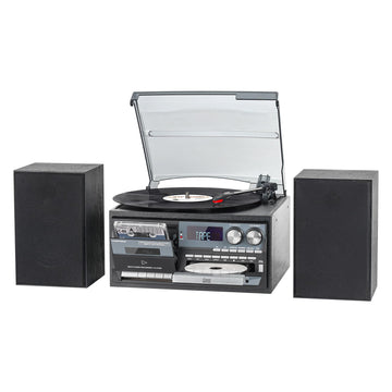 Record Player 10-in-1 Classic Black Music Console with External Stereo Speakers, Bluetooth Receiver/Transmitter