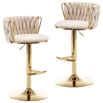 Gold Velvet Bar Stools Set of 2, Swivel Counter Height Bar Stools with Back, Adjustable Woven Barstools Island, Pub