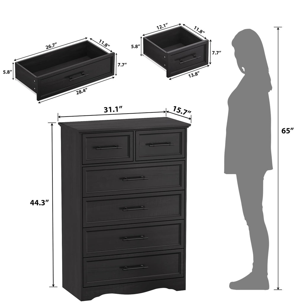 Black 6 Drawer Dresser, 44" Tall Chest of Drawers