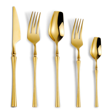 20-Piece Gold Silverware Set for 4, Modern 18/10 Stainless Steel Flatware Set, Unique Rustic Cutlery Utensils Set, Spoon