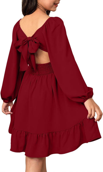 Girls Long Sleeve Tie Back Dress Fall Casual A-Line Ruffle