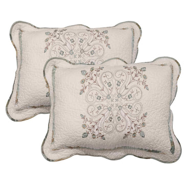 Cotton Quilted Pillow Shams Set of 2, Elegant Floral Embroidered Pillow Cases Standard Size Vintage Farmhouse