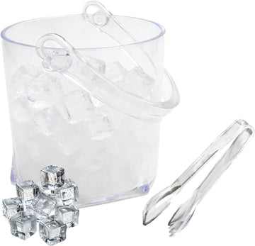 Crystal Ice Bucket with Handle & Tongs-1.1 L Plastic Clear Champagne Ice Buckets for Parties, Beer, Wine, Drinks - Set of 2