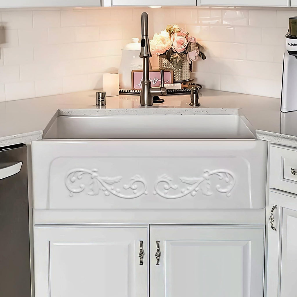 Kitchen Sink; 33" Fireclay Farmhouse Sink, Reversible Apron-Front with Vine Design and Beveled Front, White