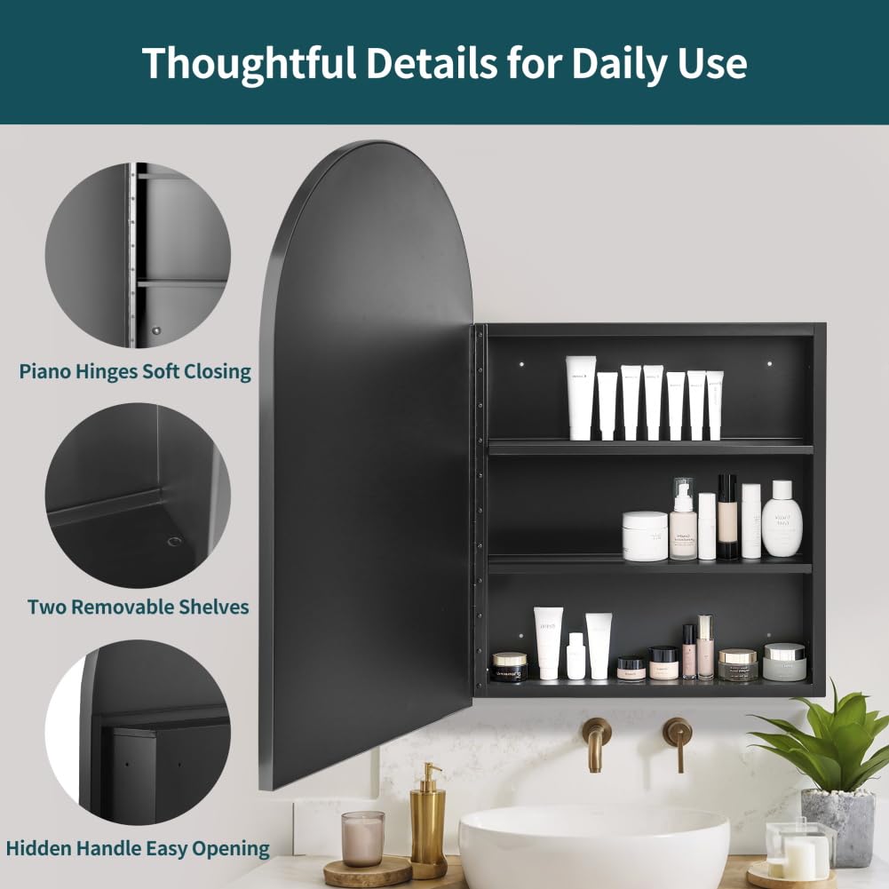 Arched Black Medicine Cabinet with Mirror 20 x31 Inch
