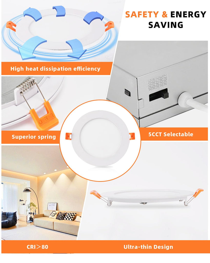 Recessed Lighting 6 inch - 12W 1100LM High Brightness,5CCT 2700K/3000K/3500K/4000K/5000K Selectable,Ultra-Thin LED