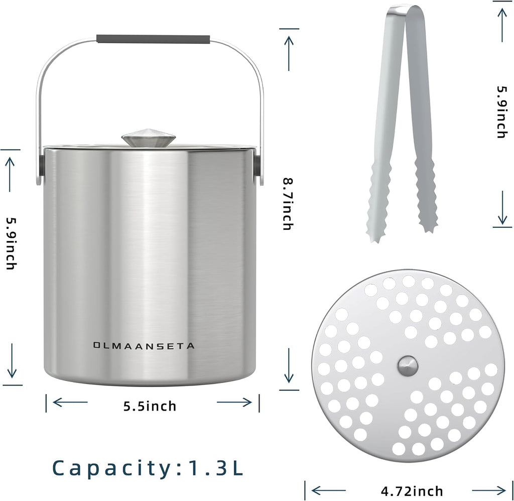 Small Ice Bucket with Lid and Tongs,1.3L Portable Mini Double Walled Ice Cube Bucket for Cocktail Bar Stainless Steel