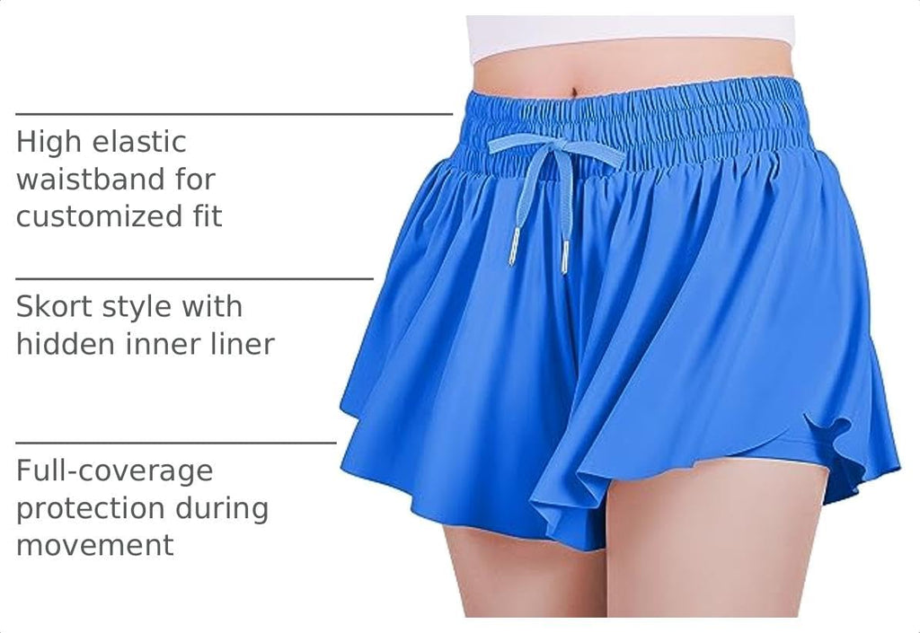 Girls Flowy Shorts, 2 in 1 Preppy Butterfly Shorts with Spandex Liner for Cheer Athletic Gym Teens Casual Clothes