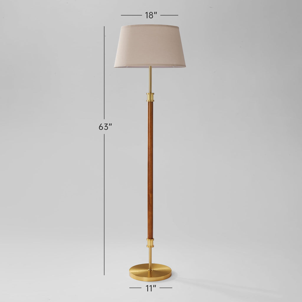Mid Century Floor Lamp, Dark Walnut Wood Pole Standing Lamp with 18" Linen Shade, Brushed Gold Aluminum Accents, 11"