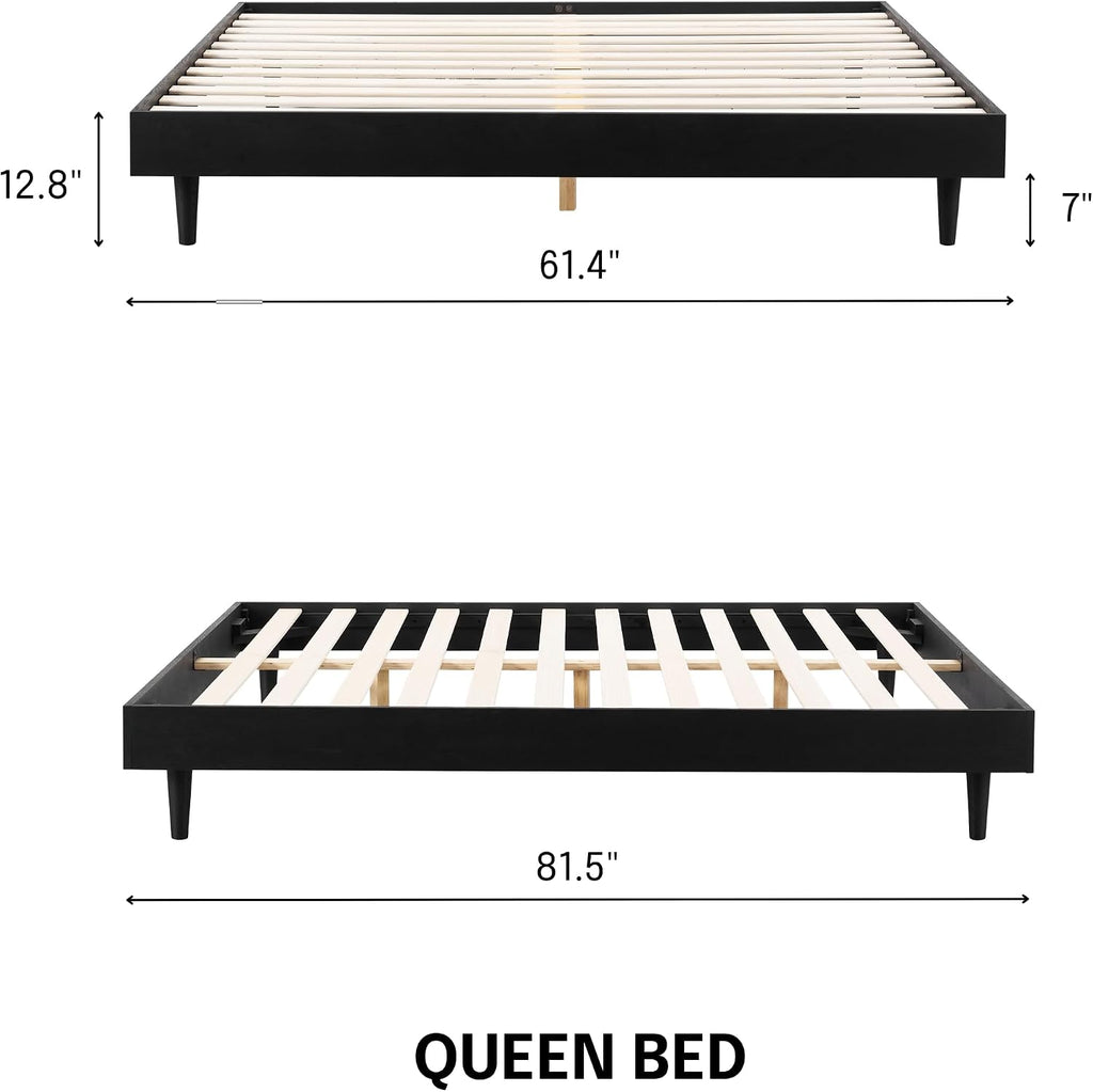 Fly Wooden Bed Frame Without Headboard, Solid Oak and Rubber Wood Foundation with Silent Slats and Wood Central