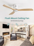52 Inch Solid Wood Ceiling Fan Without Lights Flush Mount Ceiling Fans with Remote Control