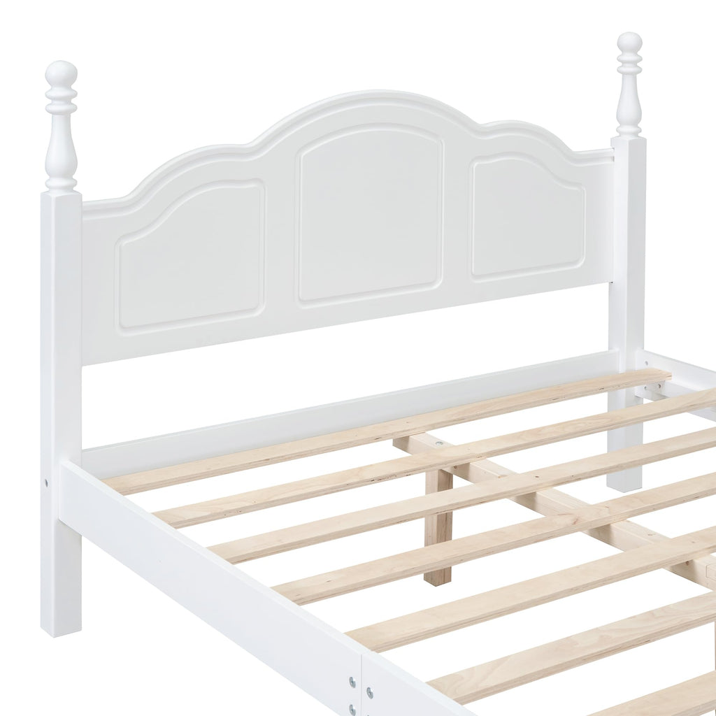 Wood Platform Bed Frame, Retro Style Wooden Bed with Headboard, Solid Pine Wood Construction, Wooden Slat