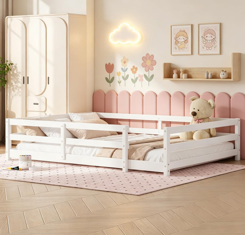 Floor Bed for Kids with High Fence, Wooden Montessori Floor Beds, White no slats