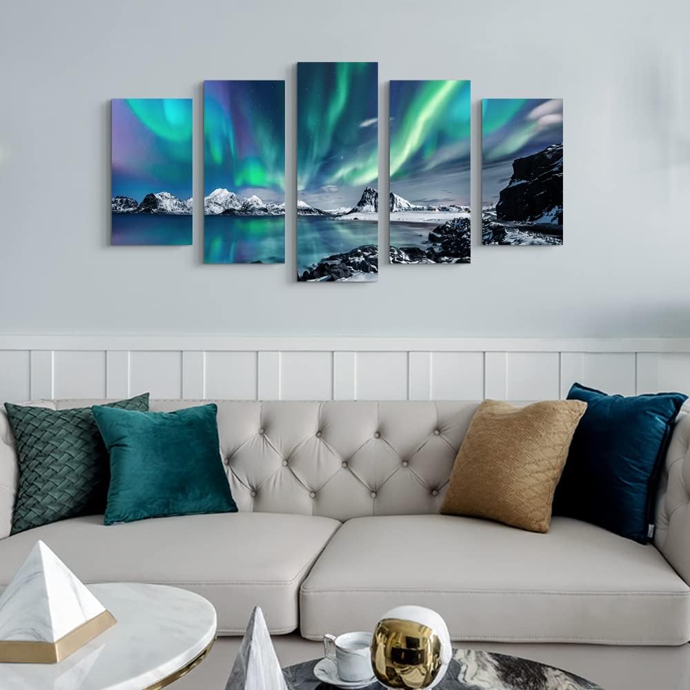 Large Canvas Wall Art Set - Blue Aurora Scenery Paintings - Modern Canvas Art Prints Ready to Hang - 5 Piece Set