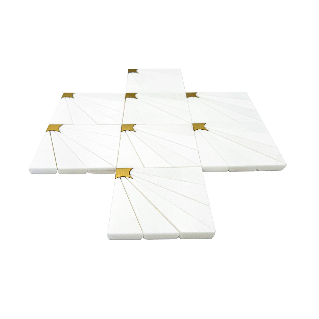 Marble Mosaic Tile Shower and Bathroom Walls, Thassos Marble with Brass Accent, Waterjet Backsplash Tile, 11" × 11"