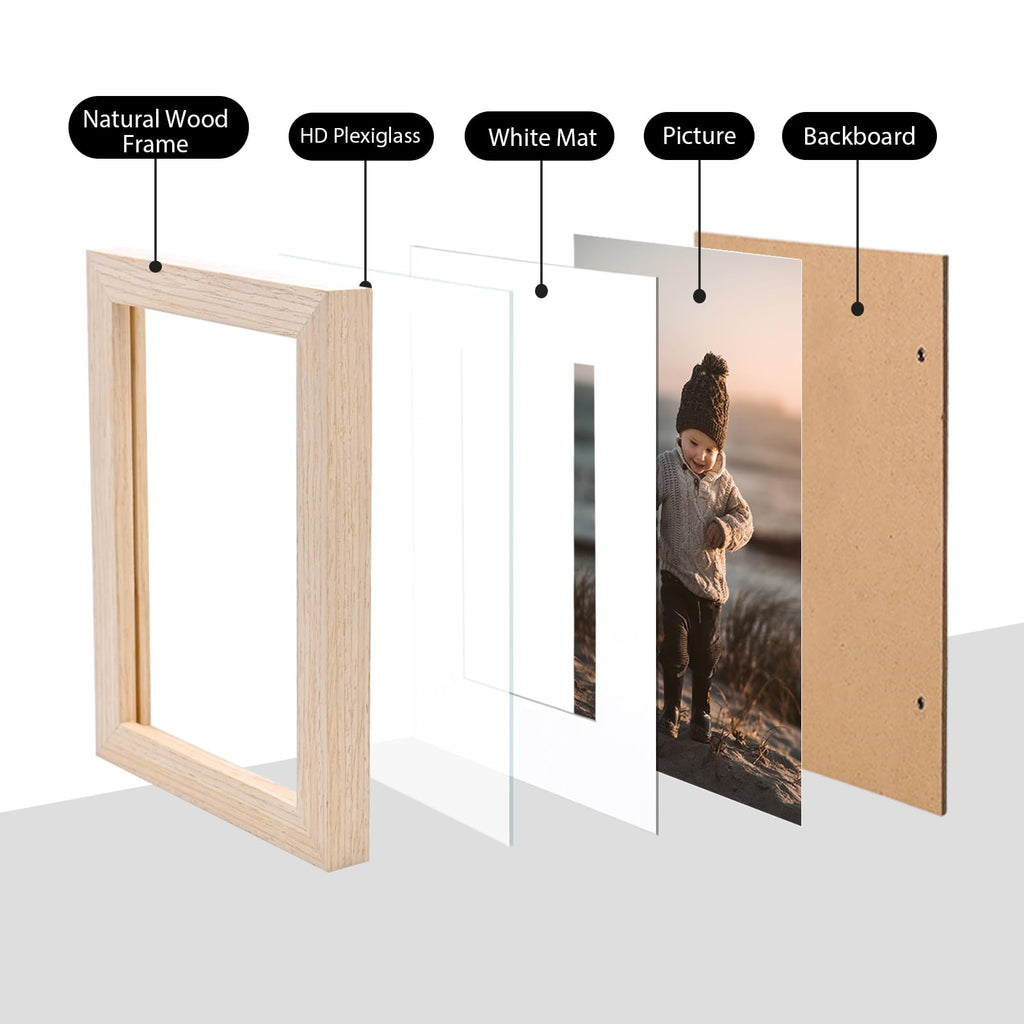 4x6 Frame Natural, Solid Wood 4 x 6 Picture Frame with Acrylic Plexiglass for 3.5x5 with Mat, Tabletop and Wall
