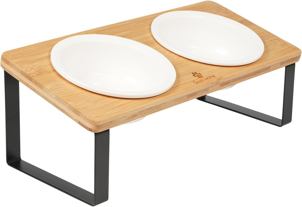 Ceramic Elevated Cat Bowls Raised Puppy Dishes for Food and Water Tilted Wooden Stand for Indoor Cats 5.5 inch Wide