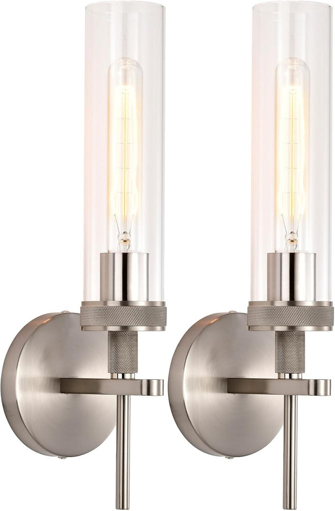 Brushed Nickel Bathroom Vanity Light, Hardwired Wall Sconces Set of 2 with Knurled Texture, Chrome Silver Wall Lamps