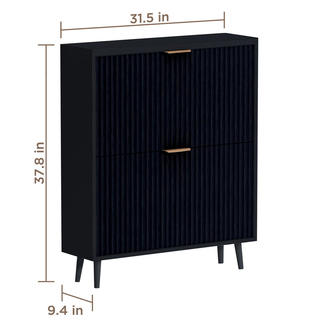 Shoe Cabinet Storage, Modern Freestanding Organizer with 2 Flip Drawers, Narrow Shoe Rack Cabinet, Black