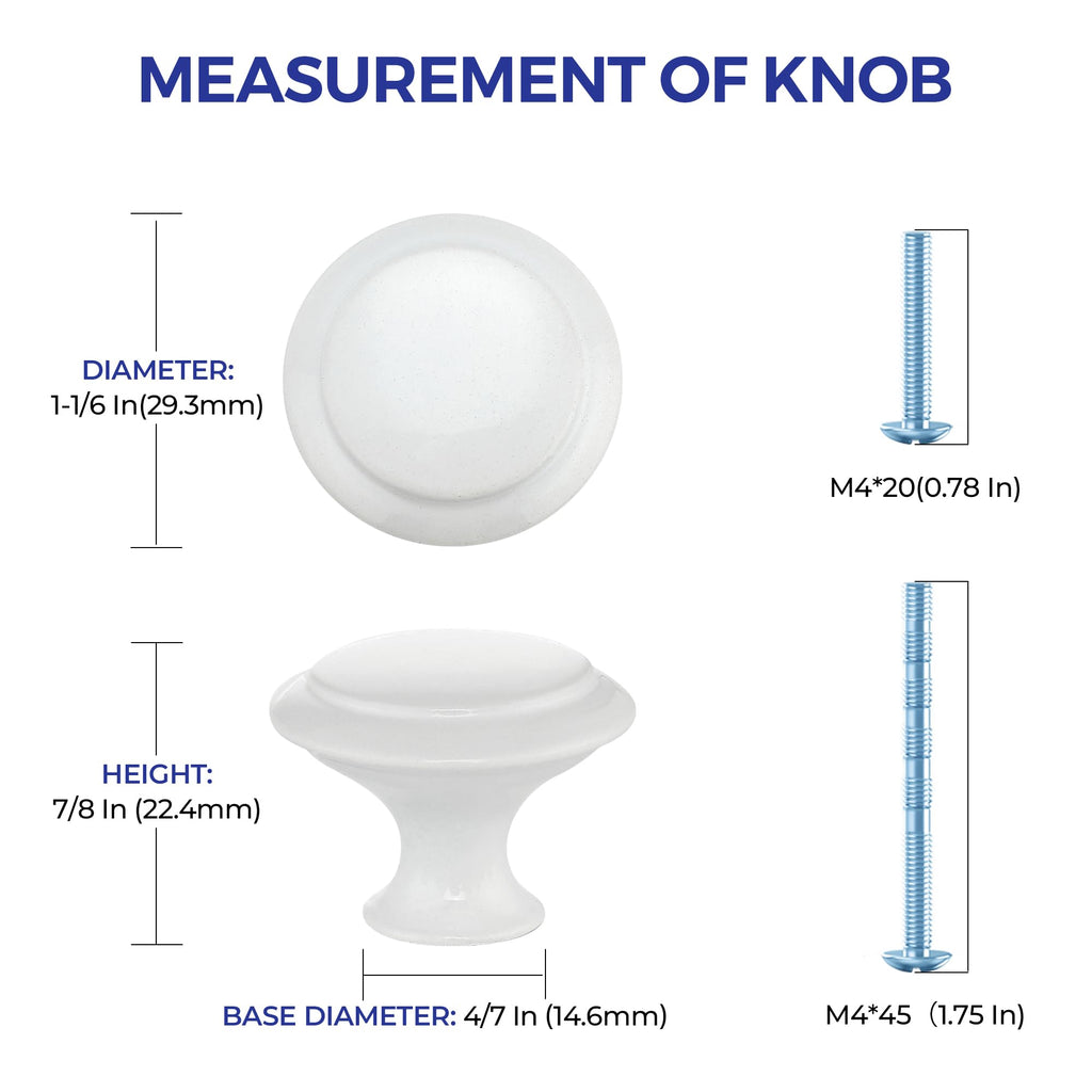 White Cabinet Knobs Kitchen Pulls 1-1/4 Inch 60 Pack