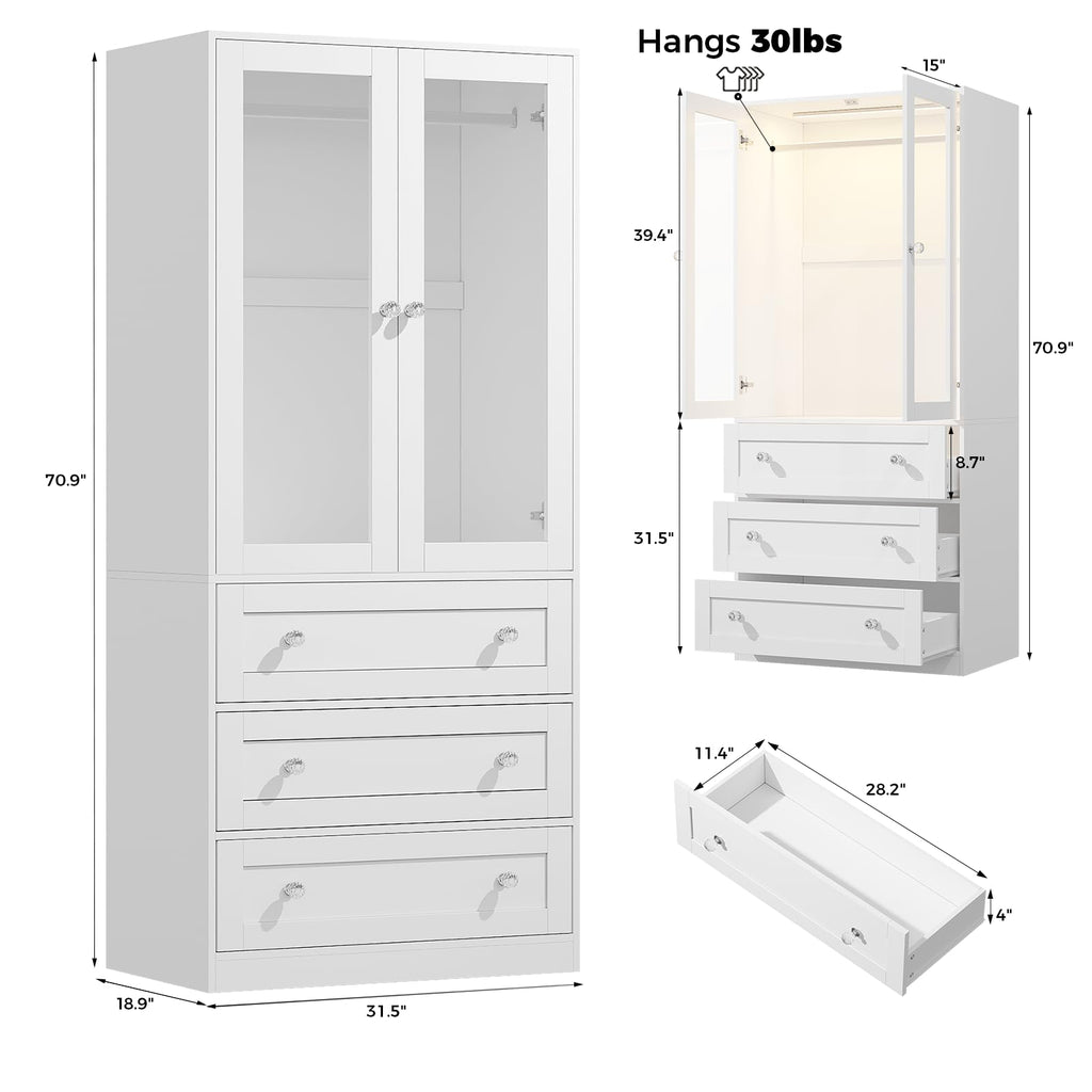 71" H Armoire Wardrobe Closet with Motion Sensor LED Light