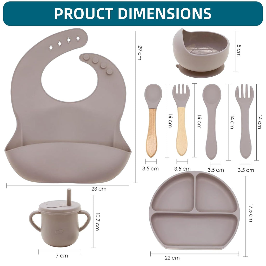 100% Silicone Baby Feeding Set, BPA Free, 9 Pcs: Suction Bowl, Divided Plate, Toddler Self Feeding Dish Set