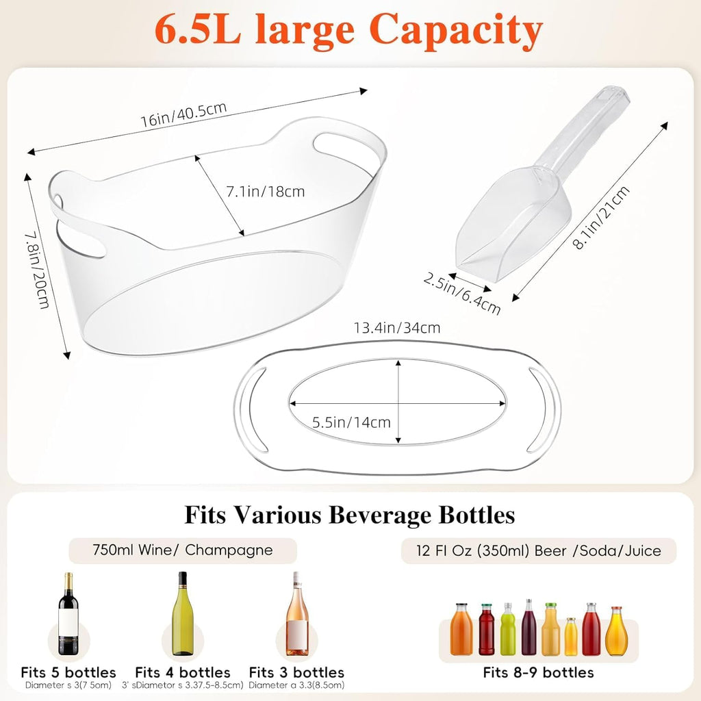 6.5L Ice Bucket for Parties, Large Clear Drink Bucket for Champagne Wine, Beer, Portable Drinking Cooler with 2 - Set of 2