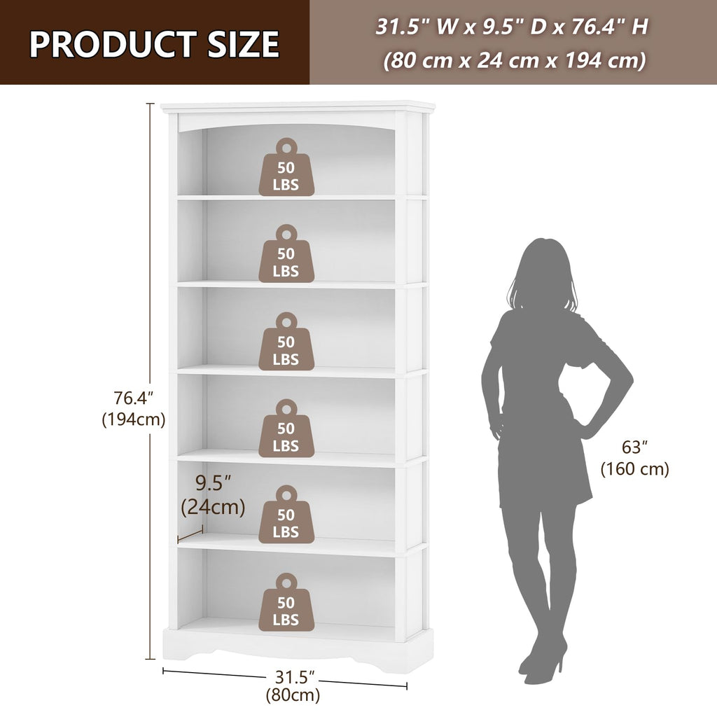 6-Tier Wooden Bookshelf, 76 Inch Tall Bookshelf with Storage, Floor Standing Modern Style Display Bookcase, Study