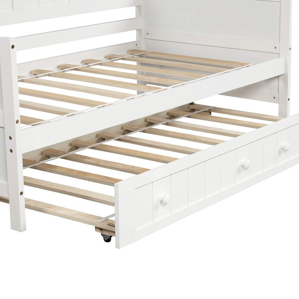 Twin Daybed with Trundle, Mid-Century Sofa Bed Wood Platform Bed Frame with Slats Support, No Box Spring Needed