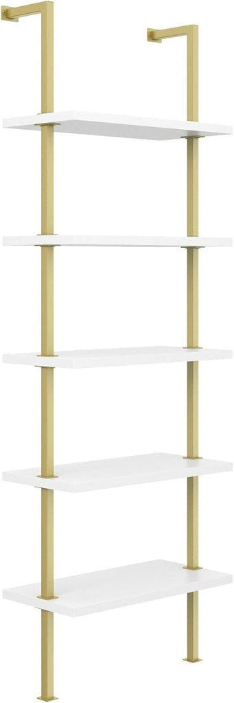 Theo 5-Shelf Gold, Ladder Bookcase with Gold/Brass Metal Frame, White, Set of 2