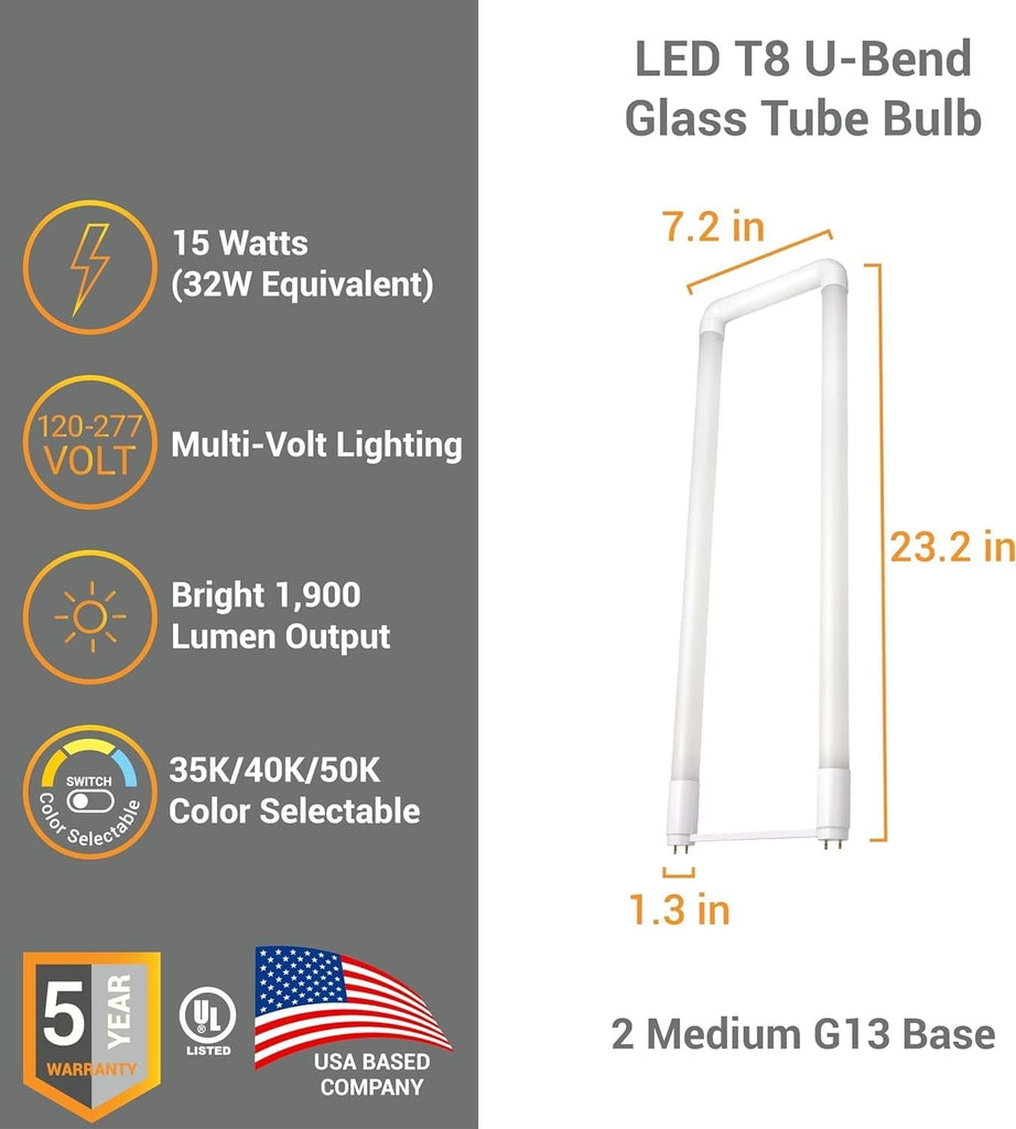 T8 U Bend LED Tube Light Hybrid Type A+B Shatterproof Plug & Play or Ballast Bypass 15W (32W Equivalent) 1900 Lumen