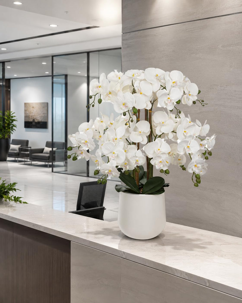 Extra Large White Orchid Artificial Flowers in Cream Resin Pot, 29.5in Lifelike Silk Orchid Arrangement Faux