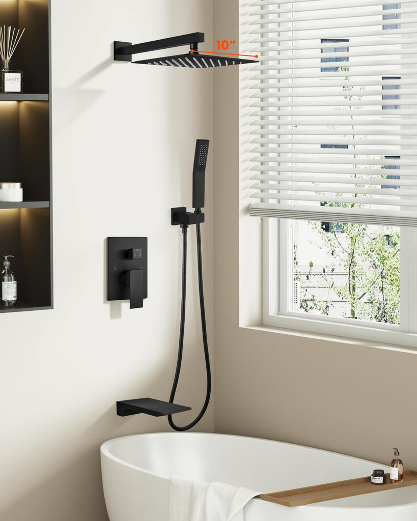 Tub Shower Faucet Set with Valve 10'' Rain Head, Matte Black