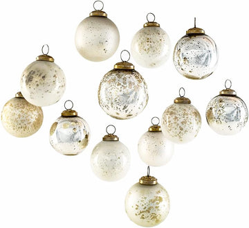 12pcs Vintage Style White & Silver Mercury Glass Ornament Set for Christmas Tree, Winter Wedding, Table Centerpiece