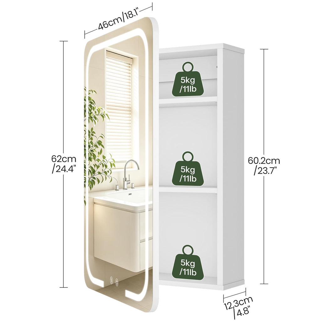 Lighted Medicine Mirror Cabinet with Heated Defog Function, White