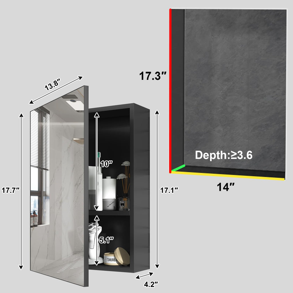 14 x 18 Black Medicine Cabinet, Aluminum Mirror Medicine Cabinet, Pre-Assembled Recessed/Surface-Mounted Medicine