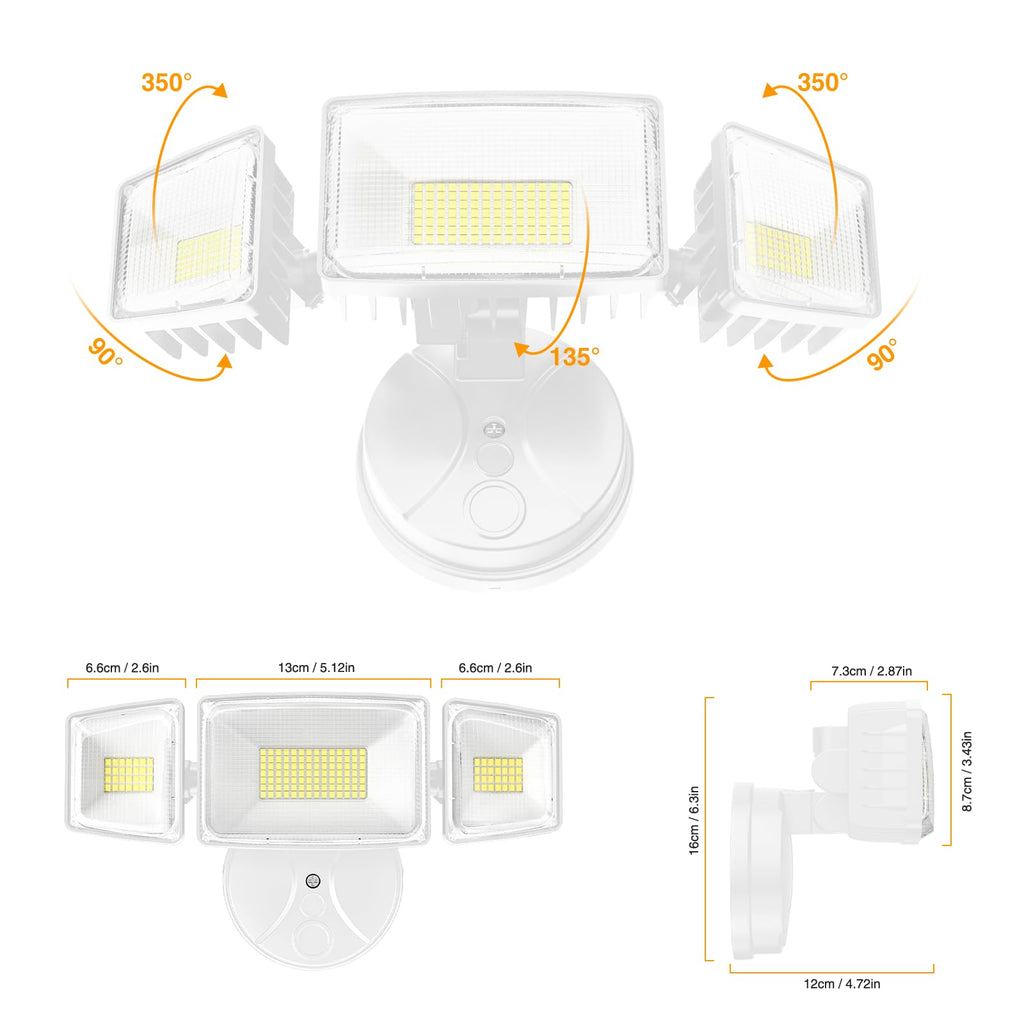 Flood Lights Outdoor, Brightness Security LED Flood Lights with 3 Adjustable Heads, Switch Controlled