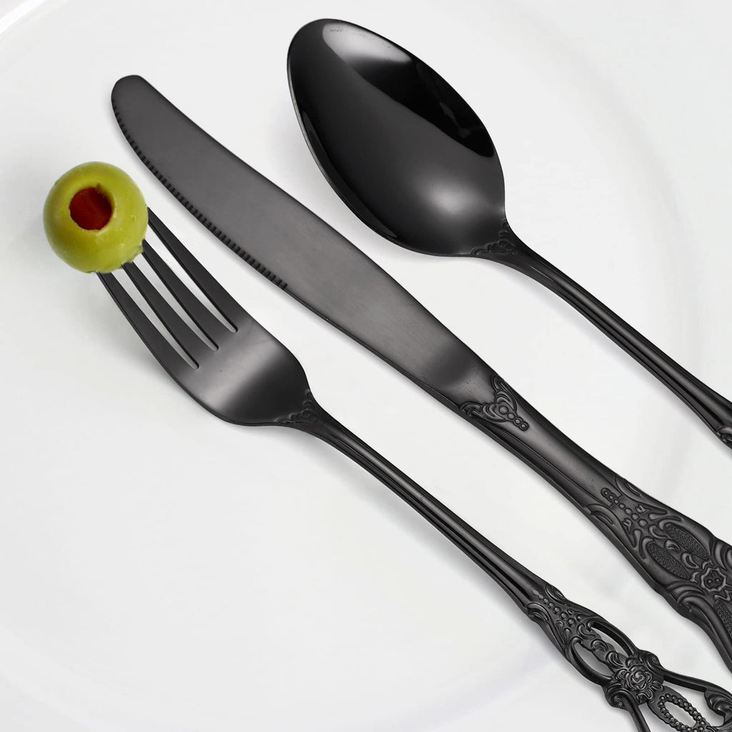 Black Silverware Royal Flatware Set for 4 Stainless Steel Cutlery Retro Antique Kitchen Utenisl with Flower Design