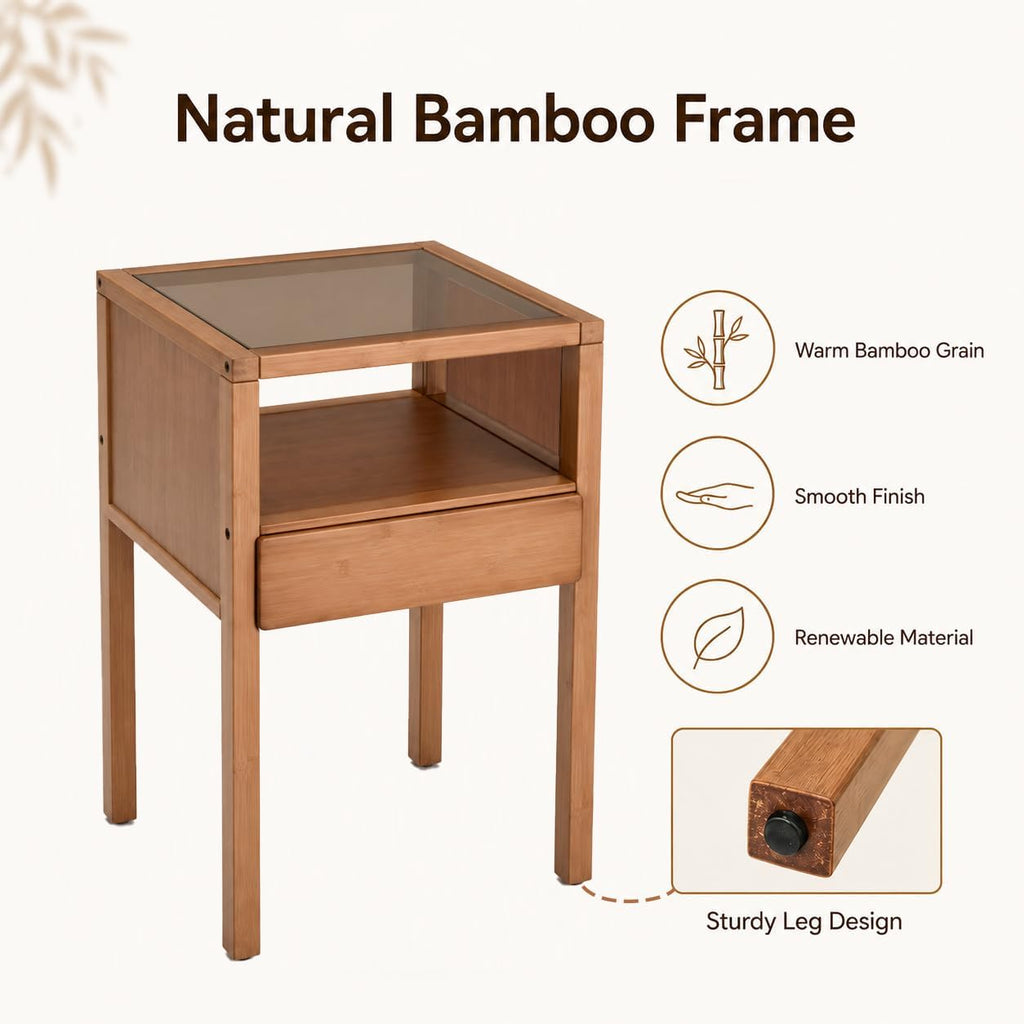 Bamboo Nightstand with Tempered Glass Top and Drawer, Small Bedside Table with Open Shelf Storage, Natural