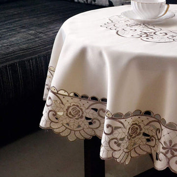 Round Tablecloth 90 Inch, Wrinkle Free and Stain Resistant Floral Damask Lace Round Table Cloth with Ruffle, Party