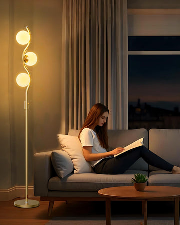 60IN Dimmable Gold Globe Floor Lamp, Modern Standing Lamps with 3 Soft Warm White 3000K Bulbs, Mid Century Floor Lamp