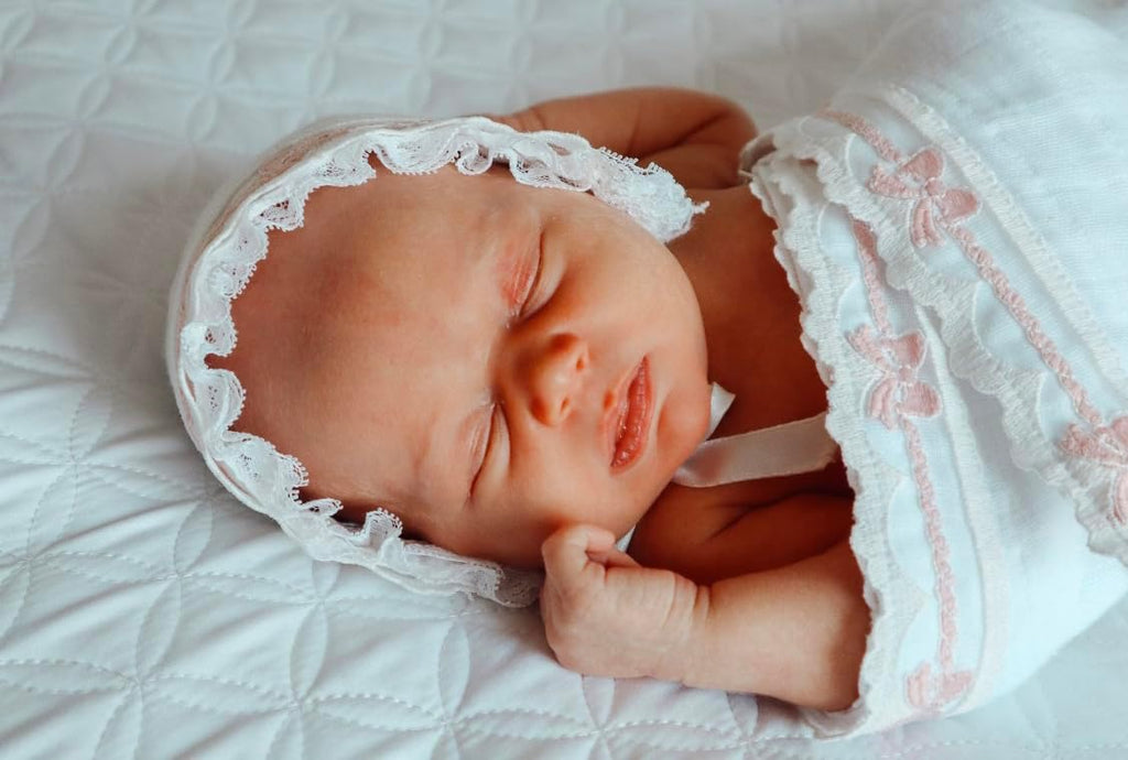 Baby Girl Blanket - Heirloom Collection - White with Pink Bows, 100% Cotton, in The USA (Crib: 30 x 51)