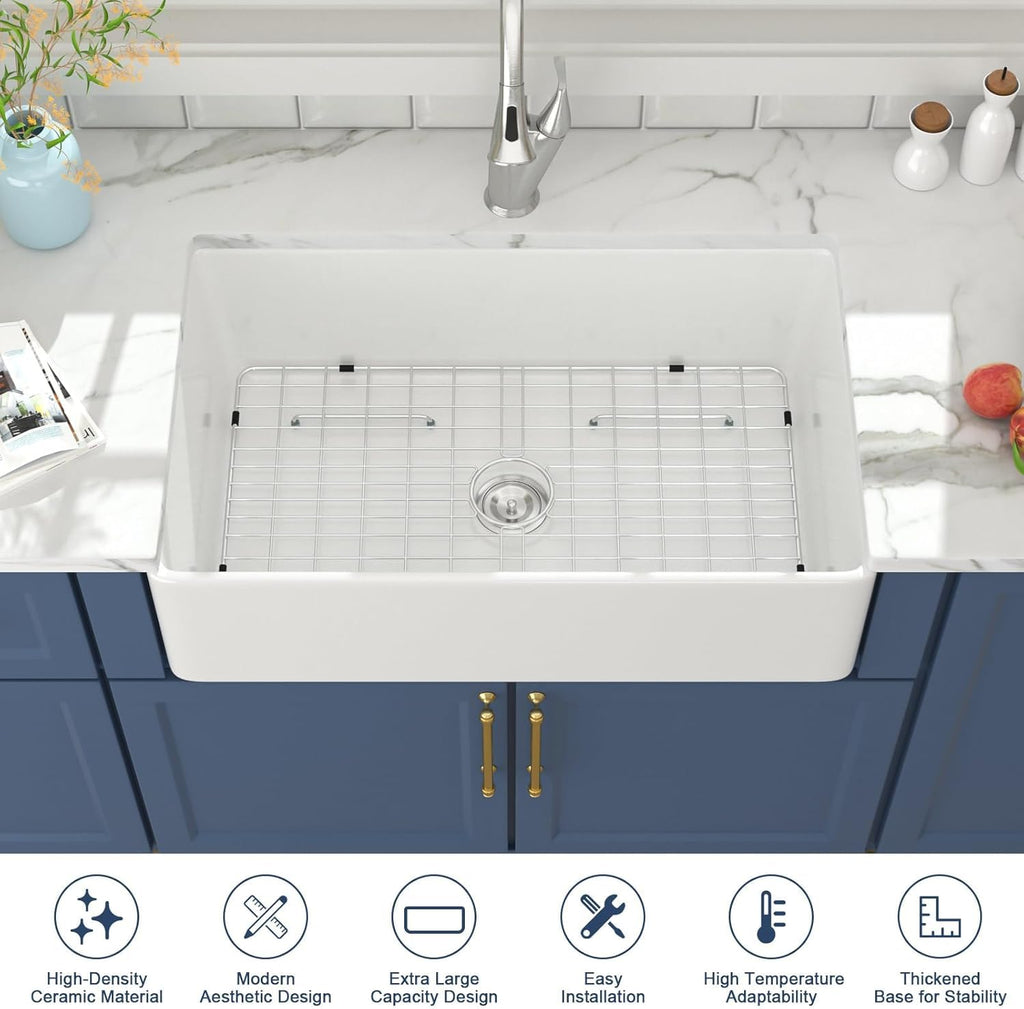 30 Inch White Farmhouse Kitchen Sinks Apron Front Flat Fireclay 30x20 Porcelain Ceramic Farmers Single Bowl Farmer