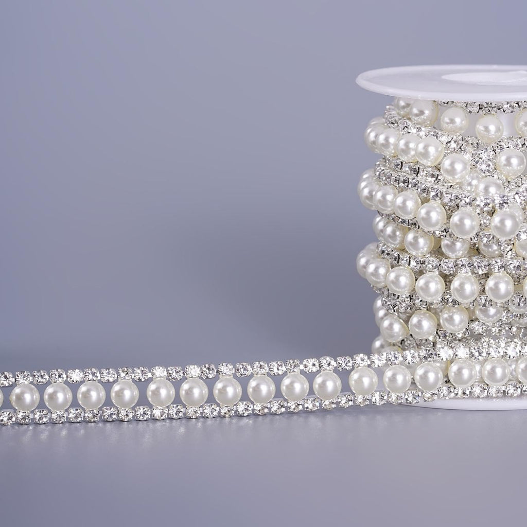2 Rows Rhinestone Trim, Crystal Chain Inlaid White Pearl Beaded - 2 Yard