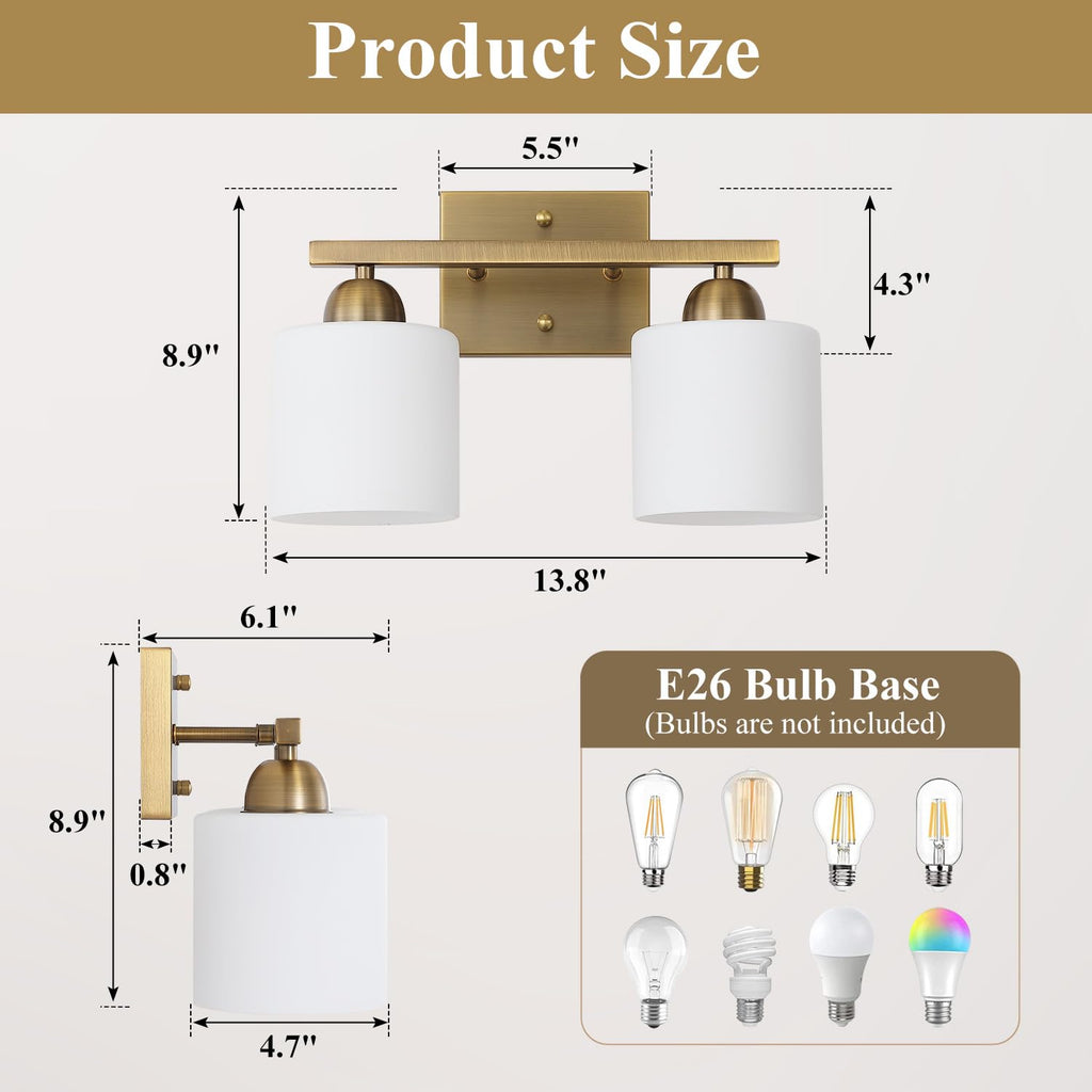 Milk Glass Vanity Lights, 2 Light Antique Matte Brass Bathroom Vanity Light Fixtures Over Mirror, Ceramic E26