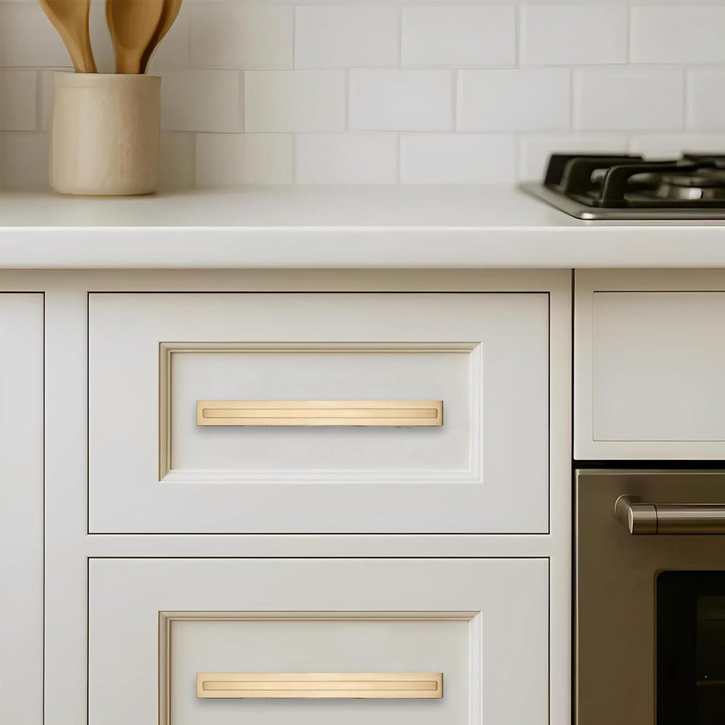 5 Pack 6 Inch Hole Center Brushed Brass Cabinet Pull with Backplate Solid Heavy-Duty Handles with Base Plate Cabinet