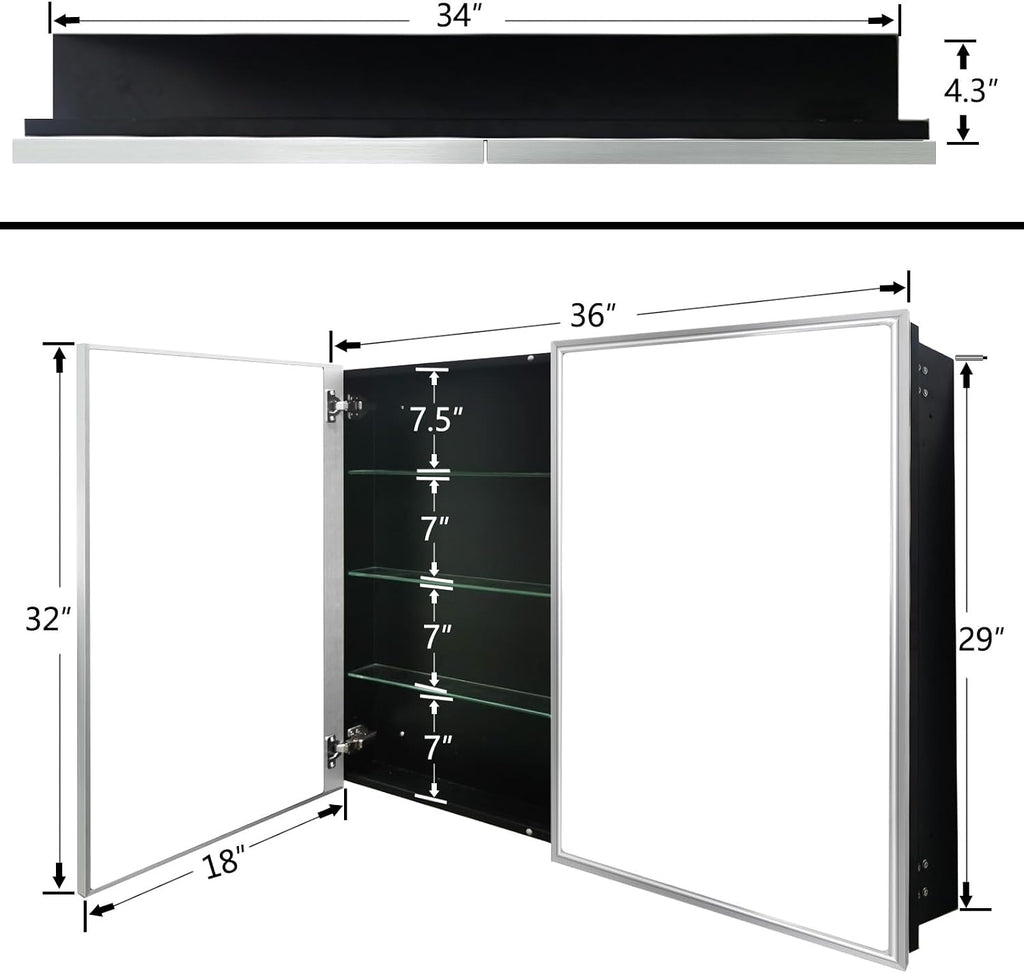 36" x 32" Large Medicine Cabinet with Mirror, Silver Aluminum Framed Bathroom Vanity Mirror Cabinet, Double Door