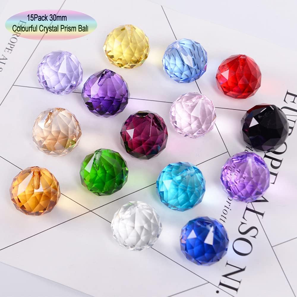 Crystal Sun Catcher Suncatcher Prism Ball Assorted Colors - 15 Pack, 1.18"/ 30mm, Rainbow Pendant Maker