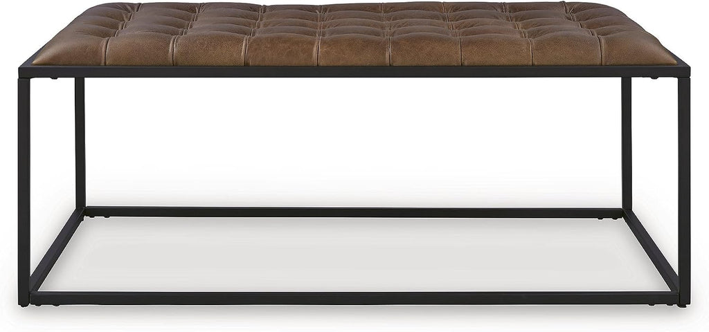 Junsor Leather Coffee Table Ottoman, Brown | 100% top grain leather, Button tufted top, Sturdy black metal frame, 48